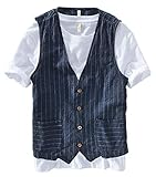 [Harpie.J] ベスト メンズ リネンベスト 春 夏 袖なし ストライプ ジレ ノースリーブ 大きいサイズ 亜麻 トップス 薄手 カジュアル ナチュラル風 ビジネス おしゃれ Vネック 麻 ベスト 細身 通気 吸汗 普段着#728-A(ネイビー,XL)