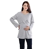 Sujisi 【上下セット】マタニティ ルームウェア 授乳服 パジャマ 授乳パジャマ 授乳口付き 長袖 妊婦服 産前 産後 ウエスト調節 ママパジャマ(XL グレー)