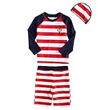 正規品 最新 男女兼用水着 女児水着 男児水着 セパレート3点セット 長袖 キッズ水着 スイムキャップ付き水着 ラッシュガード UPF50+素材使用 (11T(130-140), レッド)