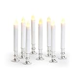 Set of 8 Flameless Plastic White Taper Candles with Removable Silver Candleholders and Remote, Batte