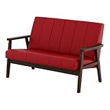 SATO セレノソファ 2人掛けストライプ PVCレッド 肘ダークブラウン