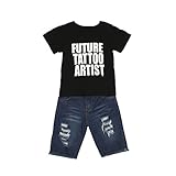 Tシャツ 上下2セット男の子 英字パターン ラウンドネック 半袖 黒いTシャツのトップ + デニムパンツ ポケット付き 子供服 （18-24ヶ月2-6歳） (4-5歳, ブラック)