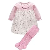 Feidoog ベビー服　キッズ　女の子　長袖　かわいい　ドレス　花柄　綿　ワンピース＋タイツ　上下2点セット　ピンク 9M