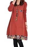VONDA レディース 花柄 重ね着風 ワンピース Aライン 長袖 膝丈 チュニック ドッキング S-5XL レッド M
