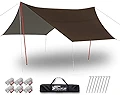 FIELDOOR ヘキサ タープ Mサイズ 440×470cm 【ダークブラウン】 ＆アルミポール 直径32mmx2本 【レッド】 & ポール用収納バッグ キャリーバッグ＋ロープ＋ペグ＋アルミ自在金具付 4～6人用 UVカット シルバーコーティング