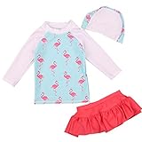 Emfay キッズ 女の子 水着 セパレート フラミンゴ柄 長袖 女児水着 ラッシュガード キャップ付き ブルー 90-100cm