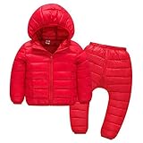 Smile キッズ 子供　ダウンジャケット ベビー 子供服 ダウンコート ダウン 棉服2点セット　防寒 保温 アウターウエア 女の子 男の子 フード付き 秋冬　通園/通学　可愛い (90cm, レッド