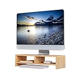 VECELO モニター台 二段式 机上台 モニタースタンド 幅49.7×奥行19.5×高さ12.8 パソコンラック 人間工学デザイン キーボード収納 木製天板 机上ラック pcモニター台 卓上 収納 PCキーボード収納ラック パソコンスタンド PC台 パソコン台 卓上 収納 机上整理 プリンター台 オーク