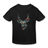 星 ２～６歳子供 男女兼用日本　花　飾り　鹿 Tシャツ ブラック 5-6 Toddler