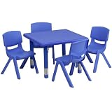 Flash Furniture Square Adjustable Plastic Activity Table Set with 4 School Stack Chairs, 24", Blue [