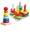 yasushoji 木のおもちゃ 知育玩具 パズル 形はめ 立体 幼児 プレゼント お祝い おもちゃ つみき 教材 セット (タイプC)