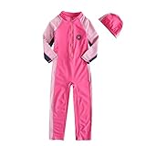 正規品 最新 女児水着 男児水着 三色 ラッシュガード キッズ水着 帽子付き水着 長袖 UPF50+素材使用 スイムキャップ付き (3T(90-100）, ピンク)