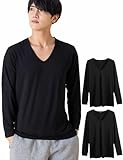 [Nutopia] インナーシャツ メンズ 長袖 2枚組 Vネック インナー あったか ストレッチ 保温 なめらか シルクタッチ 肌着 ブラック ホワイト (長袖Vネック/黒/4L)
