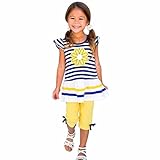 Karchi 子供服　ガールズ用 ベービー服 女の子 上下セット　半袖菊プリントTシャツ+ショートパンツ 　 2点セット 子供誕生日プレゼント 女の子 新生児 春夏服 出産祝い イエロー (100)