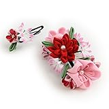 七五三 女の子用 花モチーフ 髪飾り 2点セット レッド×ピンク
