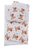 BlueberryShop Reversible Minky Cotton Pram Crib Moses 2pc Set Quilt & Pillow (29.5" x 25.5") ( 0-12 