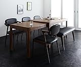 段階フリースライド伸縮式ダイニング6点セット 天然木 【テーブル(幅135-235cm)1＋チェア4＋ベンチ1】 (ベンチ：ブラック1台)