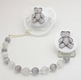 Grey Teddy Bear Pacifier Clip (pacifier NOT included) by Crystal Dream
