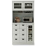 食器棚 ヴィンテージ風 リアル木目調 レンジボードタイプ 可動棚 ネームタグ付き 引き出し2杯 幅90cm 上段B+下段A ホワイト