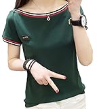 【Smile LaLa】 レディース トップス Tシャツ カットソー ボーダー 半袖 シンプル カジュアル ライン 無地 春服 夏服 (2XL, グリーン)