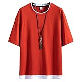 [AYISTELU] 夏服 Tシャツ メンズ 半袖 ゆったり おしゃれ 無地 大きい おおきい サイズ カットソー tシャツ 重ね着風 柔らかい 快適 トップス (JP, アルファベット, L, レッド)
