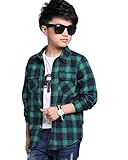 Plus Nao(プラスナオ) チェック柄シャツ ブラウス 長袖 前開き ボタン 子供用 トップス カットソー スタンダードカラー シングルカフス 親 グリーン 160cm