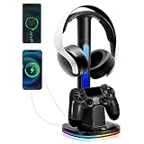 JDGPOKOO PS4コントローラー充電器 RGBヘッドホンスタンド付き PS4コントローラー充電器ドックステーション USB充電ポート2個付き PlayStation 4充電ステーション用ヘッドセットスタンド ブラック