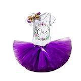 三番目の店　3PCS 赤ちゃんの女の子の満一歳誕生日パーティーの衣装　プリンセス　ちょう結び　ロンパー+スカート+ヘッドバンドセット (花＃パープル)