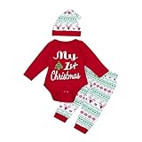 女の子のドレス, 歌を愛する ベビーレタークリスマスジャージー+パンツ+帽子3スーツ (90CM(12-18ヶ月), 赤)