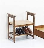 天然木 玄関ベンチ 靴収納 手すり付き