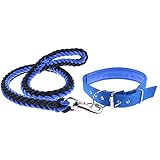 ヘビーデューティー 犬手織りナイロン 編組調整可能なメタルバックル犬の首輪 ソリッドハンドロープリーシュセットミディアムドッグまたはラージドッグ 130cm ブルーブラック