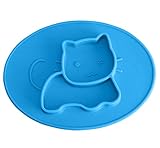 Kukeベビー食器　　ランチプレートランチ皿子供用　シリコンミニマットかわいい猫　キッズ食事マットウサギ　かわいい　離乳食　ぴったり吸着 丸洗い 滑り止め　ブルー