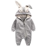 XuBa 新生児の赤ちゃんかわいいジャンプスーツ ウサギの耳でラブリーフード付きコットンロンパー グレー_66