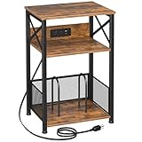 AMHANCIBLE レコードプレーヤースタンド 充電ステーション付き、収納キャビネット付きターンテーブルスタンド 3段エンドテーブルは最大100枚のアルバムを保持、ビニール、リビングルーム用レコードスタンド、ラスティックブラウン、HETCD01BR-1