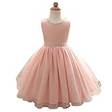 ベビー キッズ プリンセス ドレス子供 レース チュール 上品 シンプルドレス ふわふわピンク キラキラ　スパンコール (90CM)