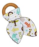 Wooden Teething Ring Toy - Bunny Ears Teether - 100% Cotton Front & Back - Great alternative to plas