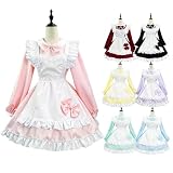 [CR ROLECOS] メイド服 大きいサイズ 多色 リボンワンピース 可愛い フリル メイド コスプレ レディース プラスサイズ 定番 长袖 喫茶店 大人 コスチューム（ピーチピンク、3XL）