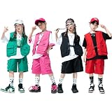 [WJ-SISI] キッズ ダンス衣装 セット ベスト ハーフパンツ 男の子 女の子 グリーン レッド ローズ ブラック ダンスウェア 個性 hiphop 子供服 ヒップホップ ステージ衣装 演出服 発表会 KK316 (黒セット, 150)