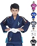 Vector Sports キッズ ブラジリアン柔術 BJJ 柔術着 無料のホワイトベルト付き 100%コットン パール織り 着物 超軽量 防縮加工生地 (ネイビー、K2)
