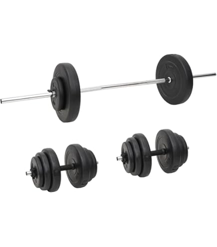 Amazon | vidaXL バーベル＆ダンベル プレートセット付 60kg, バーベル