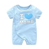 Famuka夏 ロンパース カバーオール ベビー服 I love mama papa 前開き 可愛い 柔らかい 女の子 男の子 ウエア (6M, ブルー)