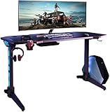 ゲーミングデスク-高品質 幅140cm×奥行60cm×高さ75cm 黒 パソコンデスク PCデスク RGB LEDライト付き