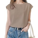 [Mmlnrc] Tシャツ レディース ノースリーブ タンクトップ クルーネック 速乾Tシャツ ゆったり 着痩せ効果 トップス 夏服 無地 フレンチスリーブ カットソー 重ね着 丸首 柔らか おしゃれ 可愛い カジュアル 通勤 デート 夏 ゆるＴ (JP, アルファベット, M, 標準, カーキ)