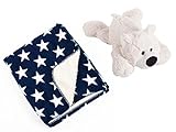 Benjamin Bear White Polar Bear and Star Design Navy Sherpa Nursery Blanket by bebe