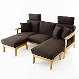 ソファ カウチソファ 無垢材フレーム ポケットコイル オットマン 2台 ヘッドレスト付き 3人掛け ファブリック ダークブラウン