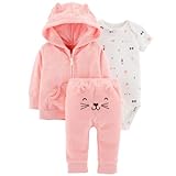 カーターズ Carter's 女の子用ベビーピンクふわふわタオル地耳フード付きジャケットxお尻ねこさんパンツ上下3点セット (12months(72-78cm)) [並行輸入品]