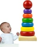 D-Mcark Classic Rainbow Stacker Tower Wooden Building Blocks Early Educational Toy for Baby 3 Year O