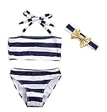 ベビー　 ビキニ　リボンバンダナ　　上着 純ブルー ストライプ 2種類　3点　セット　　女の子　水着　可愛い (80, ストライプ)