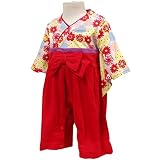 ガールズベビー用品[mini kaede]ガールズベビー袴(はかま)ロンパース|花柄|お祝い|入園|入学|結婚式|お正月|カバーオール|女の子|女児 90cm レッド