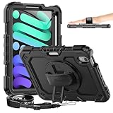 Timecity iPad mini 7 (A17 Pro) 8.3インチ 2024年用ケース iPad mini 6用 保護ケース スクリーンプロテクター ペンシルホルダー 回転式スタンド ハンドルストラップ付き iPad mini 第7世代/第6世代用 - ブラック